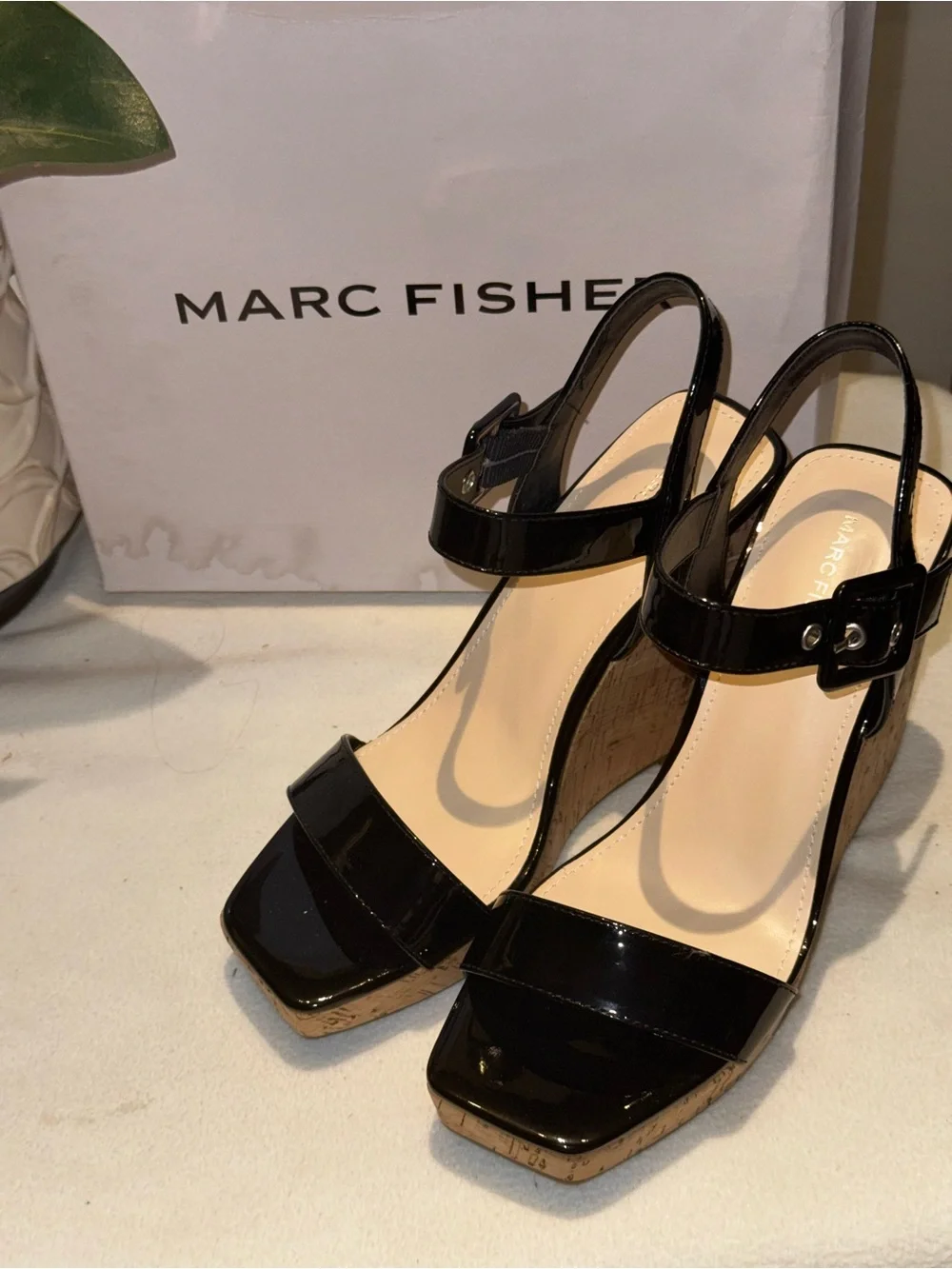 Marc Fisher Black Patent Cork Platform Wedge Sandals